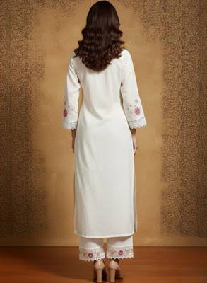 Women floral embroidered regular thread work pure cotton kurta with palazzos & with dupatta 3