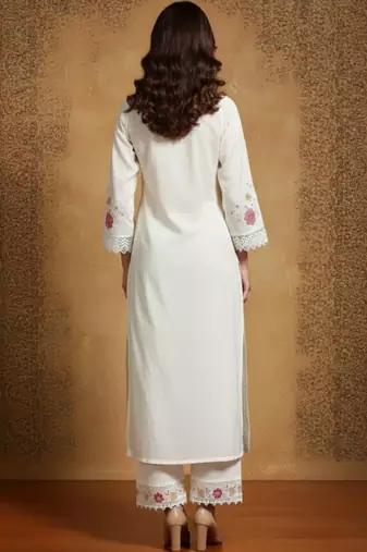 Women floral embroidered regular thread work pure cotton kurta with palazzos & with dupatta