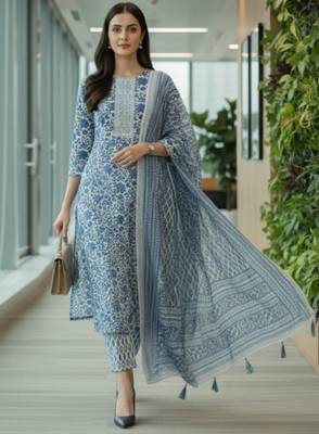 Women floral printed regular pure cotton kurta with trousers & with dupatta 1