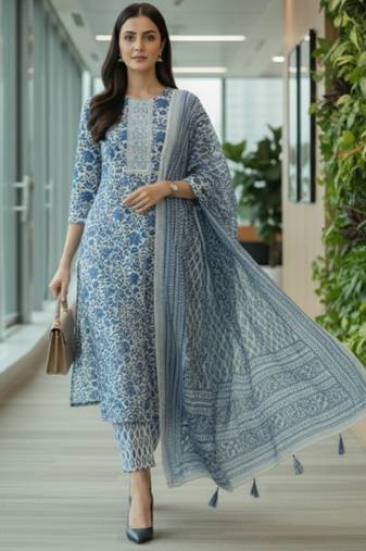 Women floral printed regular pure cotton kurta with trousers & with dupatta