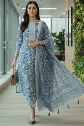 Women floral printed regular pure cotton kurta with trousers & with dupatta