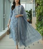 Women floral printed regular pure cotton kurta with trousers & with dupatta