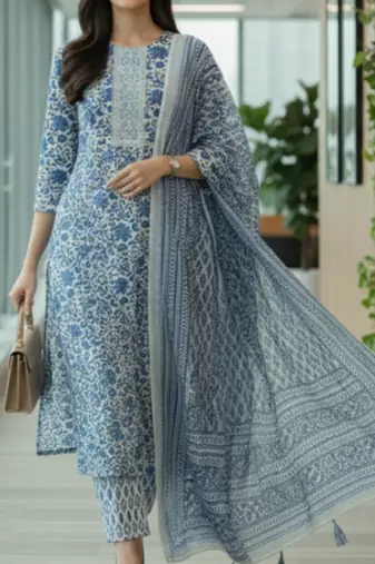 Women floral printed regular pure cotton kurta with trousers & with dupatta