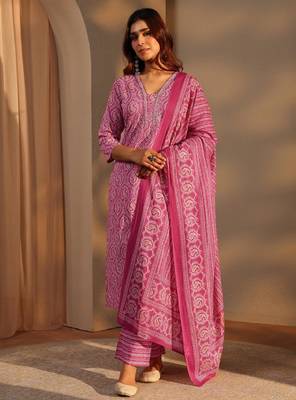 Pink paisley printed cotton straight suit set with dupatta 1