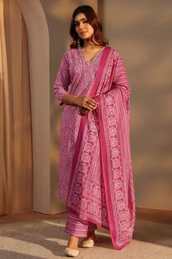 Pink paisley printed cotton straight suit set with dupatta