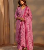 Pink paisley printed cotton straight suit set with dupatta