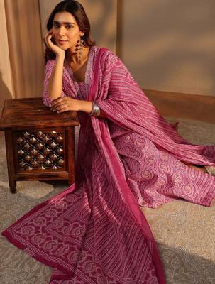 Pink paisley printed cotton straight suit set with dupatta 2