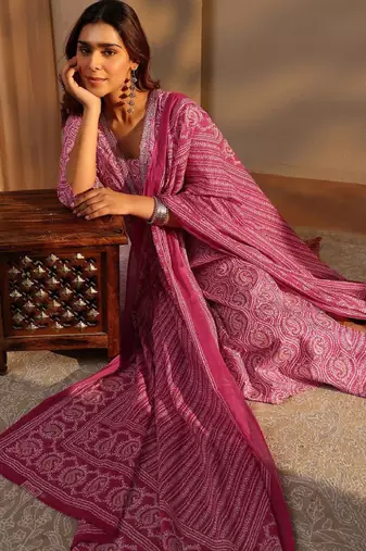 Pink paisley printed cotton straight suit set with dupatta