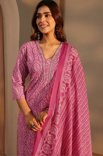 Pink paisley printed cotton straight suit set with dupatta