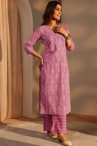 Pink paisley printed cotton straight suit set with dupatta