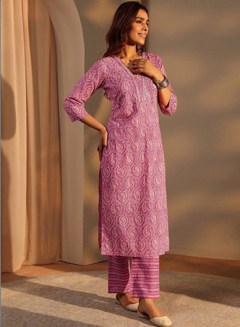 Pink paisley printed cotton straight suit set with dupatta