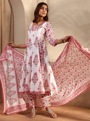 Pink floral printed cotton a-line suit set with dupatta 1