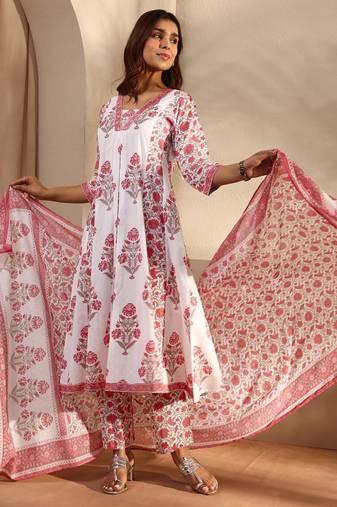 Pink floral printed cotton a-line suit set with dupatta