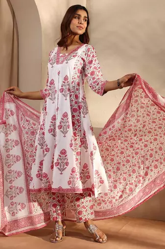 Pink floral printed cotton a-line suit set with dupatta