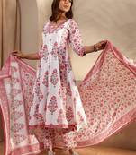 Pink floral printed cotton a-line suit set with dupatta