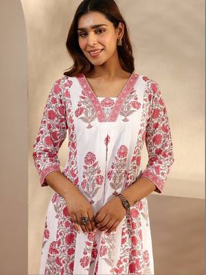 Pink floral printed cotton a-line suit set with dupatta 3