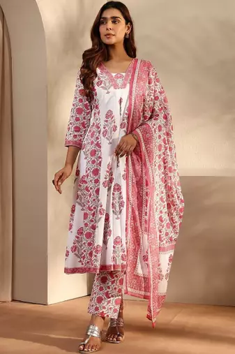 Pink floral printed cotton a-line suit set with dupatta