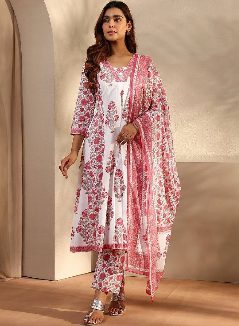 Pink floral printed cotton a-line suit set with dupatta