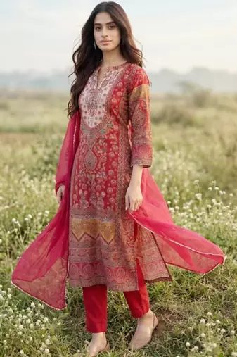 Women ethnic motifs printed regular gotta patti chanderi silk kurta with trousers & with dupatta