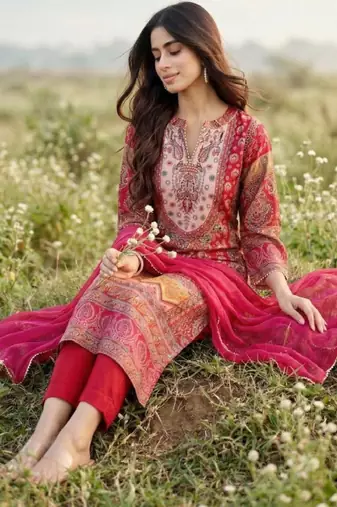 Women ethnic motifs printed regular gotta patti chanderi silk kurta with trousers & with dupatta