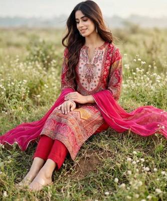 Women ethnic motifs printed regular gotta patti chanderi silk kurta with trousers & with dupatta 3