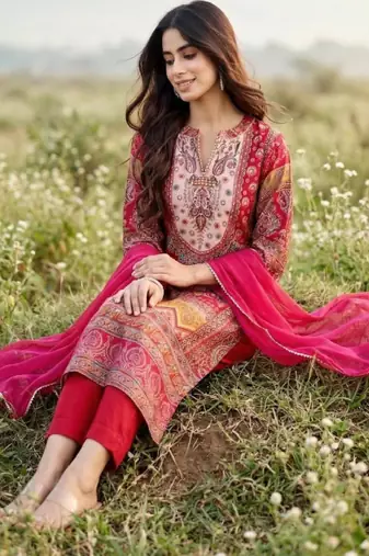 Women ethnic motifs printed regular gotta patti chanderi silk kurta with trousers & with dupatta