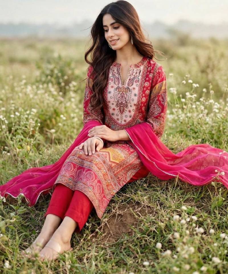 Women ethnic motifs printed regular gotta patti chanderi silk kurta with trousers & with dupatta
