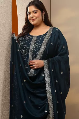 Women ethnic motifs embroidered regular thread work kurta with trousers & with dupatta