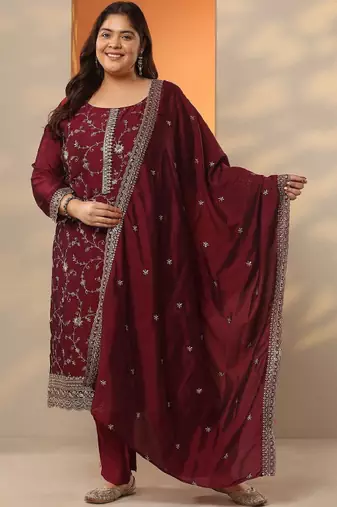 Women floral embroidered regular thread work kurta with trousers & with dupatta