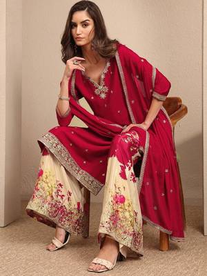 Women floral embroidered regular kurta with palazzos & with dupatta 1