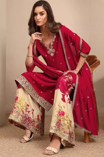 Women floral embroidered regular kurta with palazzos & with dupatta
