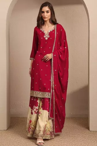 Women floral embroidered regular kurta with palazzos & with dupatta