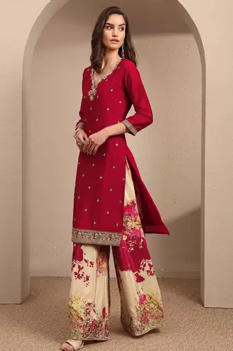 Women floral embroidered regular kurta with palazzos & with dupatta