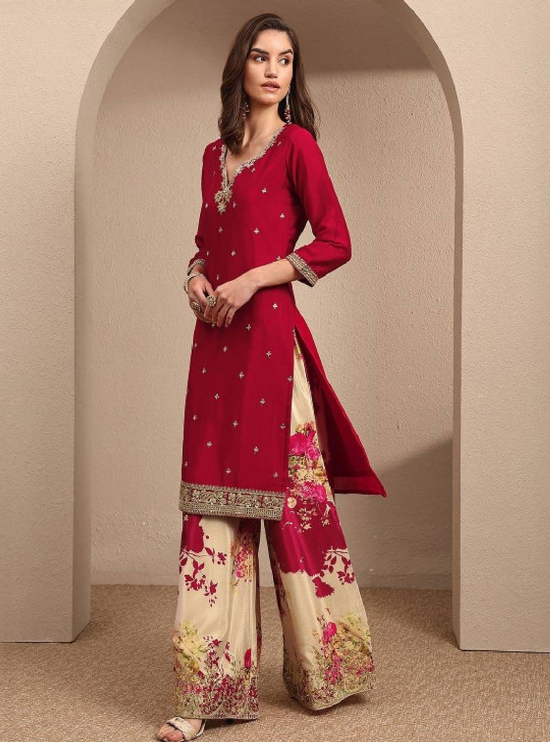Women floral embroidered regular kurta with palazzos & with dupatta