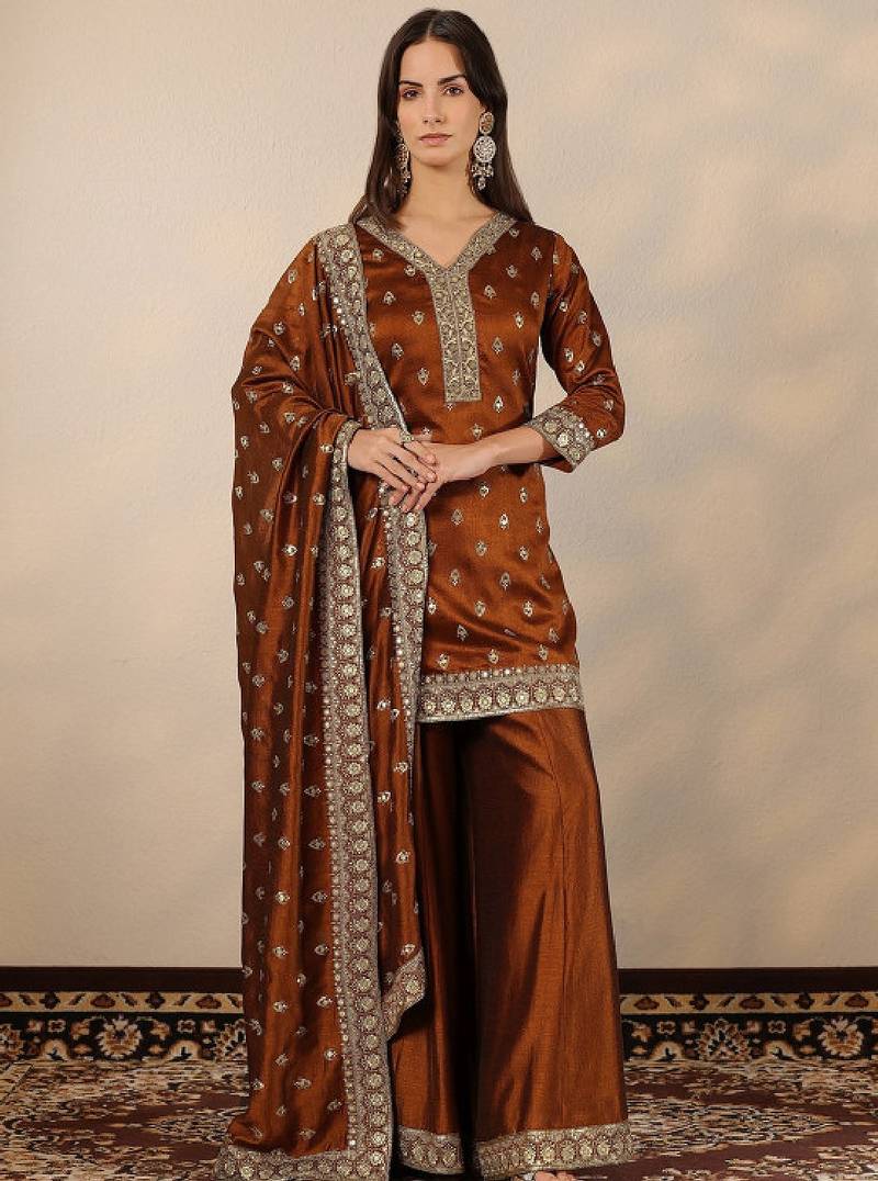 Women ethnic motifs embroidered regular mirror work kurta with palazzos & with dupatta