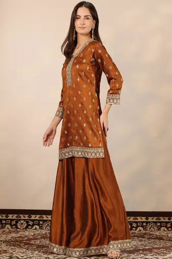 Women ethnic motifs embroidered regular mirror work kurta with palazzos & with dupatta