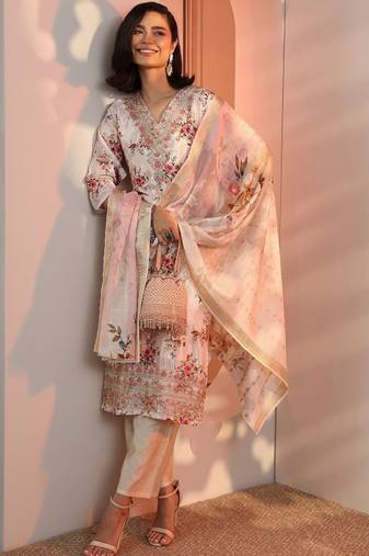 Women floral printed regular kurta with trousers & with dupatta