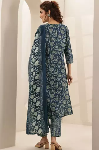 Women floral printed regular mirror work kurta with trousers & with dupatta