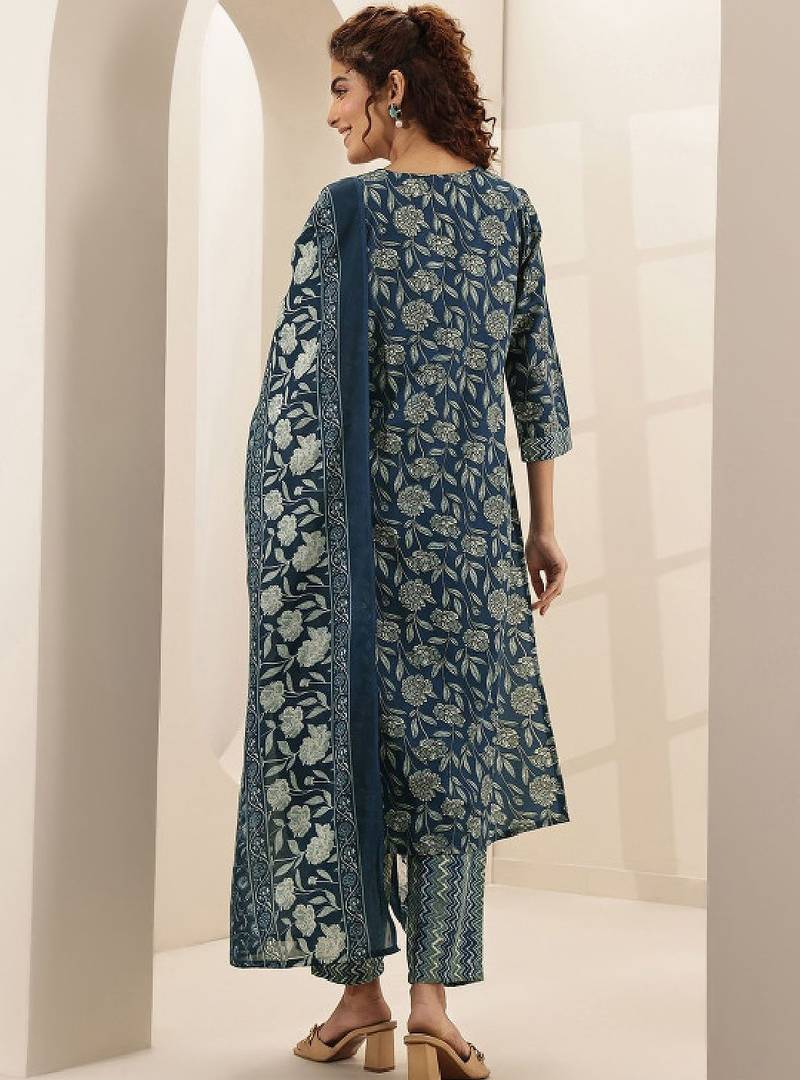 Women floral printed regular mirror work kurta with trousers & with dupatta