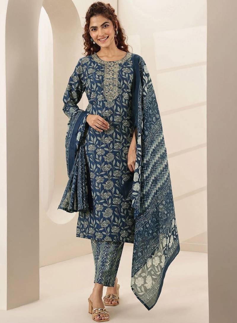 Women floral printed regular mirror work kurta with trousers & with dupatta