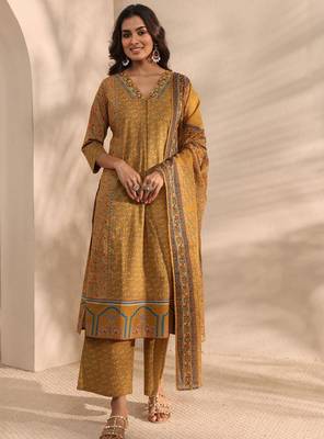 Mustard ajrakh printed cotton a-line suit set with dupatta 1