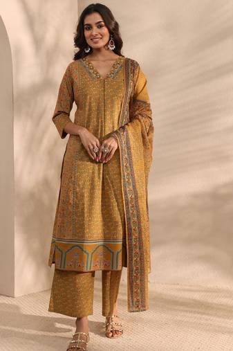 Mustard ajrakh printed cotton a-line suit set with dupatta
