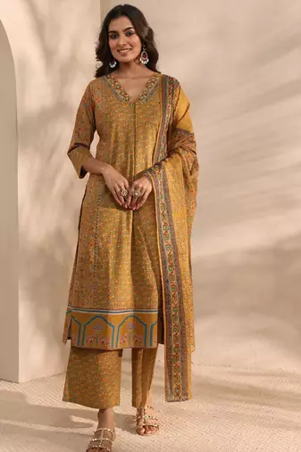 Mustard ajrakh printed cotton a-line suit set with dupatta