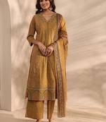 Mustard ajrakh printed cotton a-line suit set with dupatta