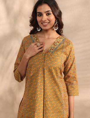 Mustard ajrakh printed cotton a-line suit set with dupatta 2