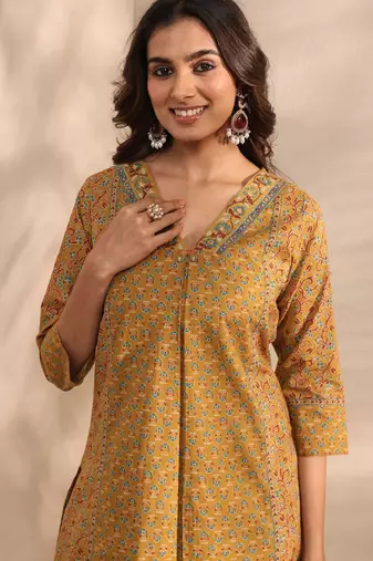 Mustard ajrakh printed cotton a-line suit set with dupatta