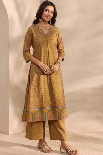 Mustard ajrakh printed cotton a-line suit set with dupatta