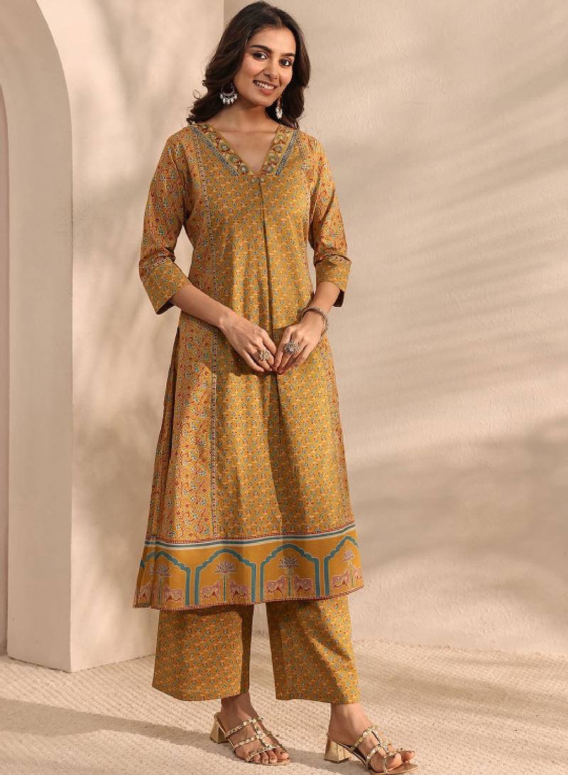 Mustard ajrakh printed cotton a-line suit set with dupatta