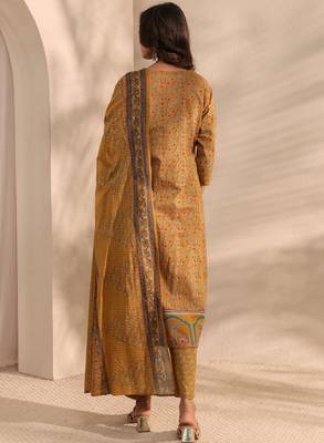 Mustard ajrakh printed cotton a-line suit set with dupatta 4