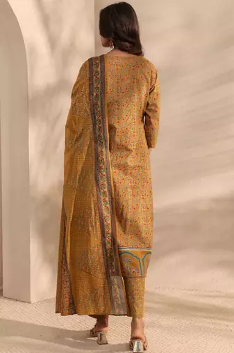 Mustard ajrakh printed cotton a-line suit set with dupatta
